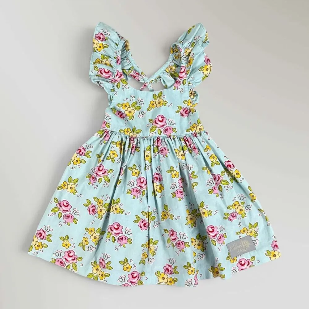 Eleanor Rose Girl's Floral Dress Flutter Sleeves Boutique Blue Flowers Size 2